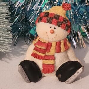Snowman figurine small sitting wearing ice skates Ouch by Sarah's attic